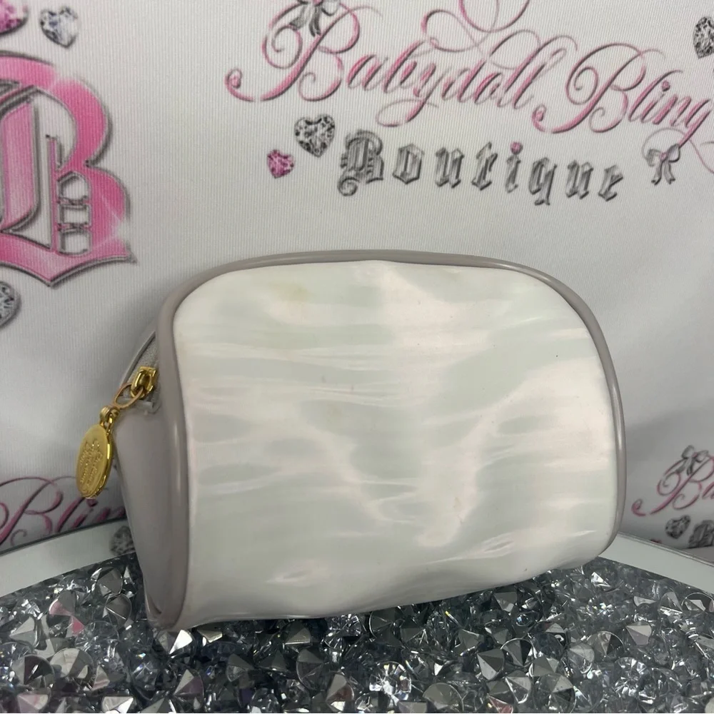Christian dior makeup bag small white stripe shimmer pattern grey gold hardware